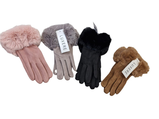 Suede Feel Gloves with Fur Trim