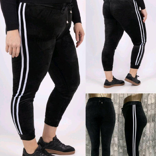 QTL - Velour Style Leggings (Sized 12-24)with White Stripes Black Color Comfortable Design for Every