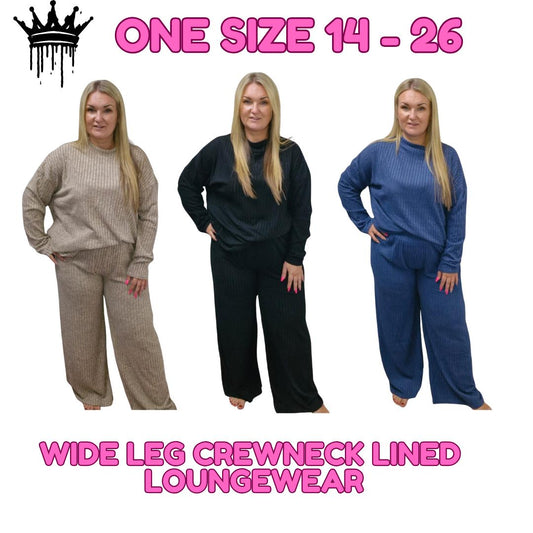 QTL - Wide Leg Crew Neck Lined Loungewear - One Size 14-26 , Comfortable (645)