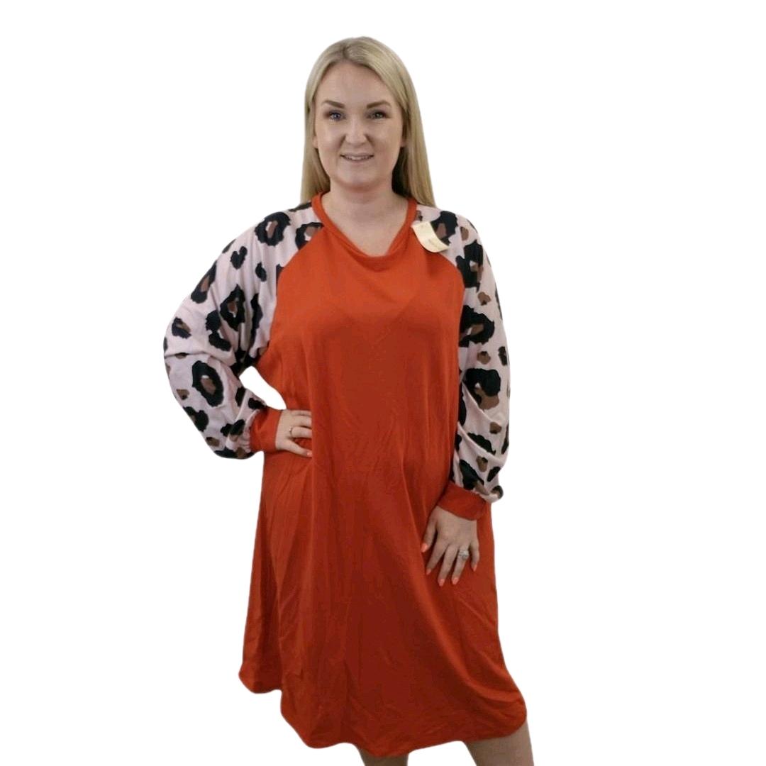 QTL - Leopard Sleeve Midi Cotton Dress (One Size 14-26) Comfortable, soft, winter, viral, #tiktokmademebuyit