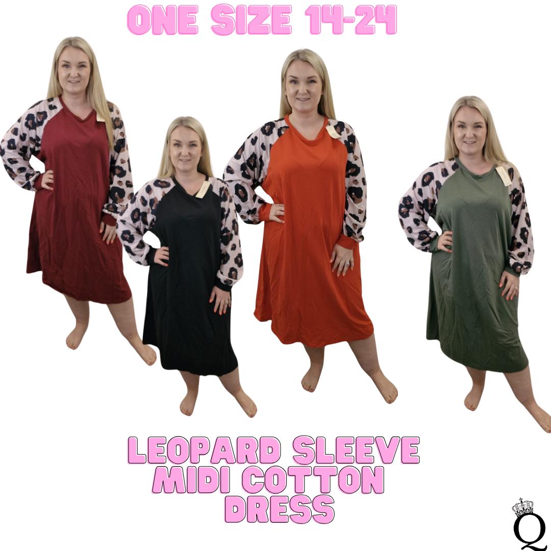 QTL - Leopard Sleeve Midi Cotton Dress (One Size 14-26) Comfortable, soft, winter, viral, #tiktokmademebuyit