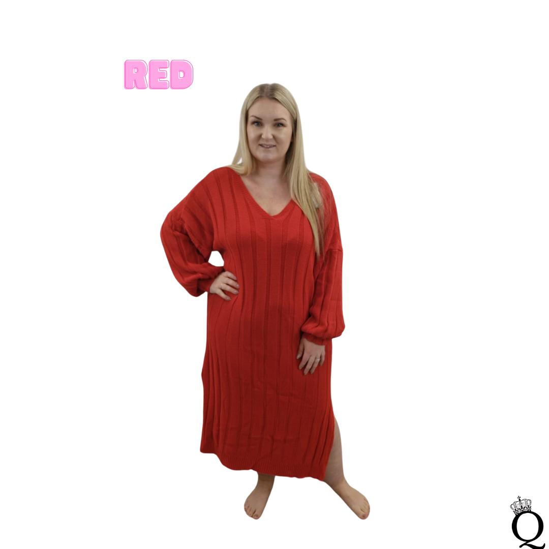 QTL - V-Neck Knitted Jumper Dress (One Size 16-26) Plus Size, Winter